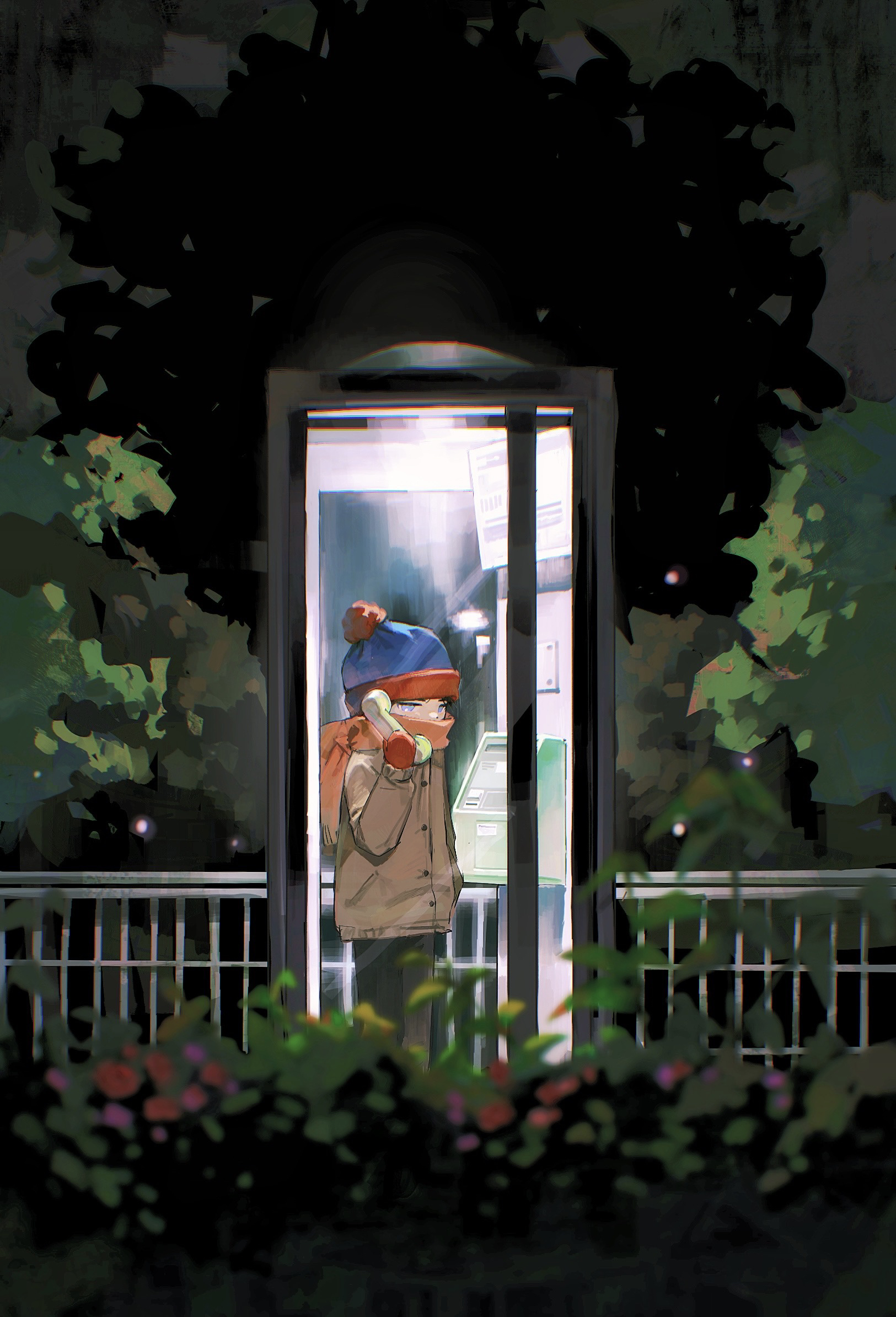 1boy beanie black_hair blue_eyes blue_hat blurry blurry_foreground brown_jacket bush chun_baii corded_phone fence hat highres jacket male_focus mittens night orange_scarf phone phone_booth pom_pom_(clothes) pom_pom_beanie red_mittens scarf solo south_park stan_marsh standing talking_on_phone wide_shot