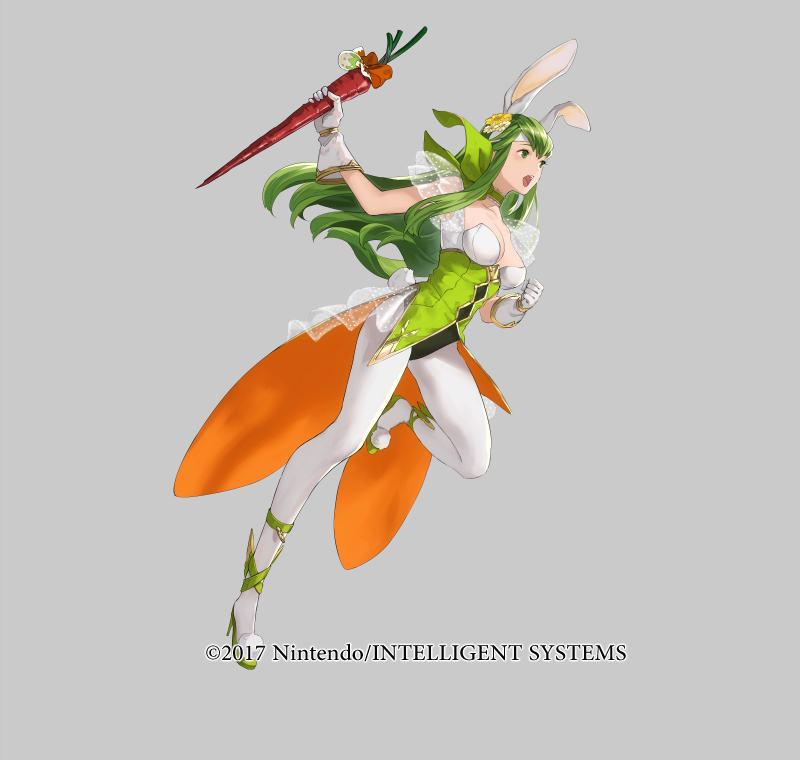 1girl animal_ears breasts carrot choker clenched_hand copyright_notice fake_animal_ears fire_emblem fire_emblem:_mystery_of_the_emblem fire_emblem_heroes food full_body gloves green_eyes green_hair green_shoes grey_background hair_ornament headband high_heels holding leg_up leotard long_hair mayo_(becky2006) medium_breasts nintendo official_art open_mouth palla_(fire_emblem) palla_(spring)_(fire_emblem) pantyhose pom_pom_(clothes) rabbit_tail see-through_clothes shoes sleeveless solo tail white_gloves
