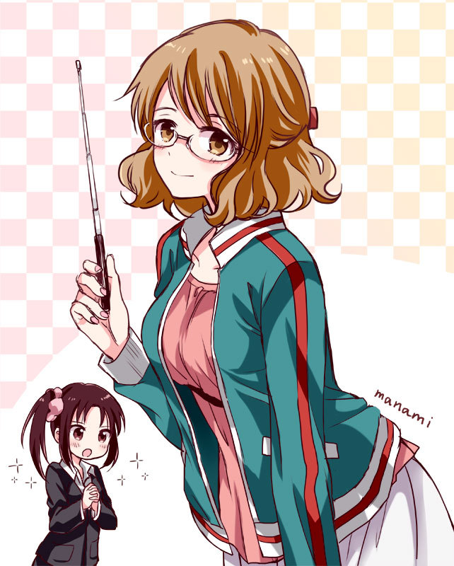 2girls :o black_suit blush breasts brown_eyes brown_hair checkered_background collared_shirt commentary formal_clothes glasses hair_ornament hair_scrunchie holding holding_pointer jacket karasuma_sakura kin-iro_mosaic kuzehashi_akari light_brown_hair long_hair looking_at_another looking_at_viewer medium_breasts multiple_girls open_clothes open_jacket pink_scrunchie pink_shirt pointer scrunchie shirt short_hair signature skirt sparkle standing sugano_manami suit teacher track_jacket white_shirt white_skirt