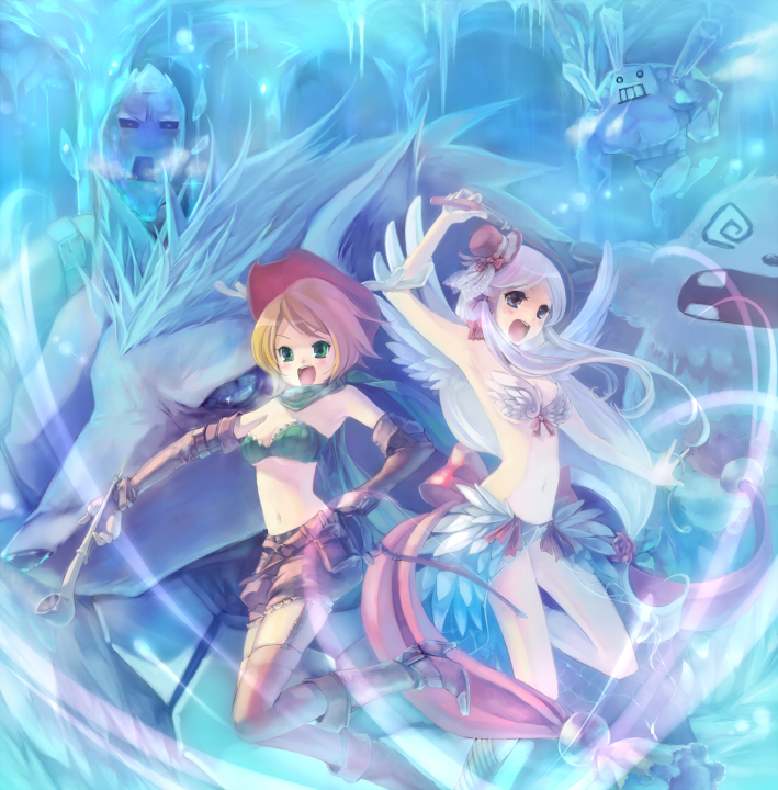 2girls @_@ bikini black_eyes blonde_hair boots bow bra breasts brown_footwear brown_gloves brown_legwear brown_shorts camouflage_scarf commentary_request elbow_gloves feathered_wings full_body gazeti gloves green_bra green_eyes hat holding holding_smoking_pipe holding_whip ice ice_cave ice_titan icicle large_bow long_hair looking_to_the_side medium_breasts monster multiple_girls navel norapeko open_mouth ragnarok_online ranger_(ragnarok_online) red_bow short_hair shorts sidelocks skirt smoking_pipe snowier spiral-only_eyes strapless strapless_bikini strapless_bra swimsuit thighhighs top_hat underwear wanderer_(ragnarok_online) white_bikini white_hair white_skirt wings wolf