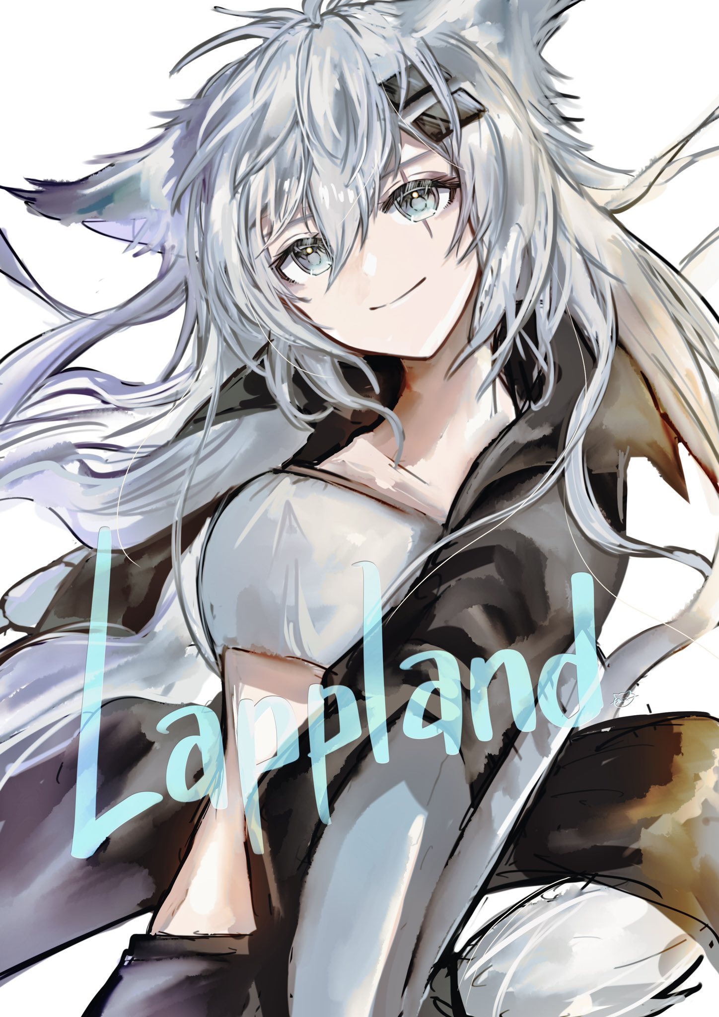 1girl animal_ear_fluff animal_ears antenna_hair arknights bandeau black_coat breasts character_name closed_mouth coat collarbone commentary_request detached_sleeves eyelashes floating_clothes floating_hair grey_eyes grey_hair grey_tail hair_between_eyes hair_ornament hairclip head_tilt highres lappland_(arknights) layered_sleeves long_hair long_sleeves looking_at_viewer medium_breasts messy_hair midriff open_clothes open_coat scar scar_across_eye scar_on_face simple_background smile solo standing tail tukaima upper_body very_long_hair white_background white_bandeau white_sleeves wolf_ears wolf_girl wolf_tail