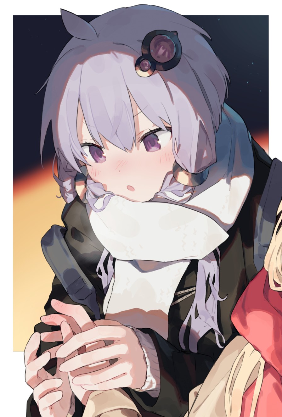 2girls :o ahoge alternate_costume black_background black_jacket blonde_hair blush border breath cold commentary_request hand_grab highres hitogome jacket long_sleeves multicolored_background multiple_girls orange_background out_of_frame outside_border purple_eyes purple_hair red_scarf scarf shoulder_strap solo_focus strap_slip tsurumaki_maki upper_body v-shaped_eyebrows vocaloid voiceroid warming_hands white_border white_scarf winter_clothes yuzuki_yukari