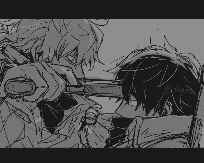 2boys armored_core armored_core_vi:_fires_of_rubicon at_gunpoint commentary_request expressionless eye_contact face-to-face from_side grey_background greyscale gun holding holding_gun holding_weapon jitome looking_at_another male_focus monochrome multiple_boys pulling_another&#039;s_clothes short_hair sketch threat toge_(owannun) twitter_username v.i_freud v.iv_rusty weapon