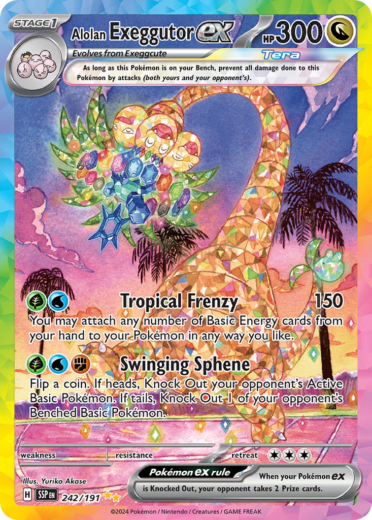 akase_yuriko alolan_exeggutor alolan_form artist_name card_(medium) character_name closed_eyes cloud company_name copyright_name copyright_notice english_text exeggcute fangs full_body gem gen_1_pokemon gen_7_pokemon long_neck multiple_heads nintendo official_art open_mouth outdoors palm_tree pokemon pokemon_(creature) pokemon_card pokemon_focus pokemon_tcg sky smile solo sparkle terastallization third-party_source trading_card tree