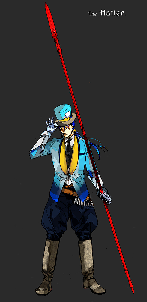 alice&#039;s_adventures_in_wonderland blue_hair cosplay crimo cu_chulainn_(fate) cu_chulainn_(fate/stay_night) fate/stay_night fate_(series) gae_bolg_(fate) hat long_hair mad_hatter_(alice_in_wonderland) mad_hatter_(alice_in_wonderland)_(cosplay) male_focus polearm ponytail red_eyes solo spear top_hat weapon