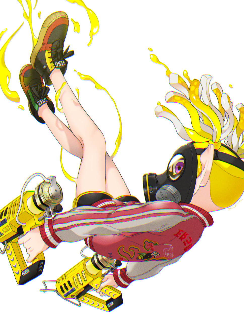 1girl black_shoes black_shorts blonde_hair commentary_request dolphin_shorts dual_wielding floating_hair full_body gas_mask glooga_dualies_(splatoon) highres holding holding_weapon inkling inkling_girl inkling_player_character jacket legs_up long_sleeves looking_at_viewer mask nintendo pointy_ears purple_eyes red_jacket shoes short_twintails shorts simple_background sneakers solo splatoon_(series) sukajan tentacle_hair twintails weapon white_background yeneny