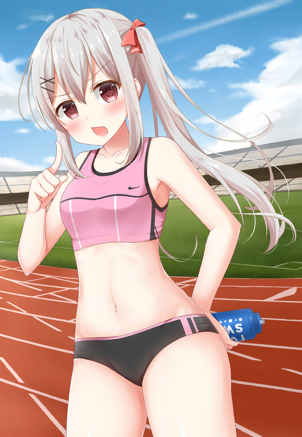 1girl blue_sky highres nike side_ponytail sky stadium track_and_field track_and_field_uniform
