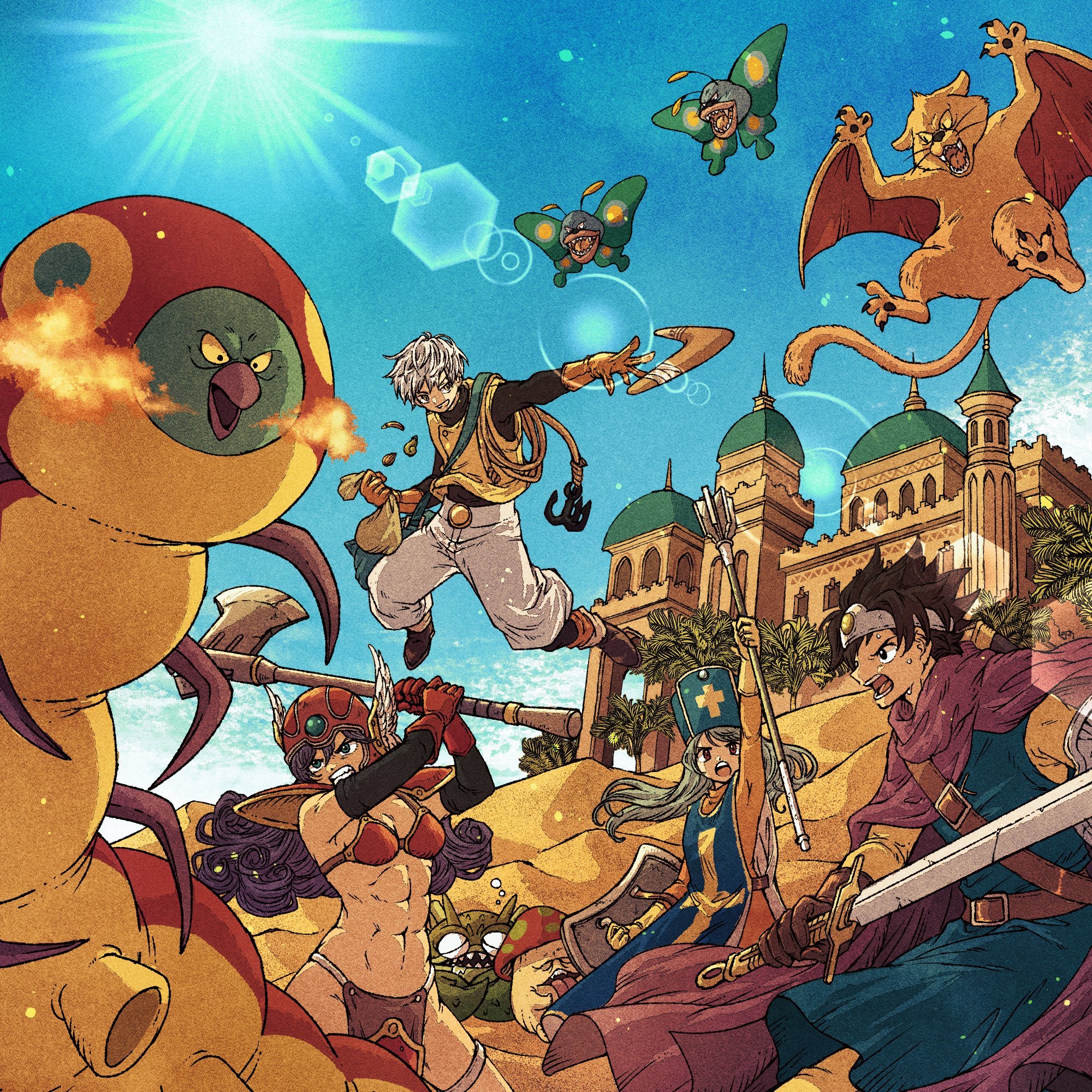 2boys 2girls armor axe bag bare_shoulders battle bikini_armor black_hair black_shirt blue_hair blue_hat blue_tabard blue_tunic bodysuit boomerang breasts brown_gloves circlet cleavage clenched_teeth cloak cross desert dragon_quest dragon_quest_iii elbow_gloves furrowed_brow gem gloves grey_hair hat helmet highres holding holding_axe holding_bag holding_staff holding_sword holding_weapon long_hair medium_breasts mitre monster multiple_boys multiple_girls open_mouth orange_bodysuit outdoors pants pelvic_curtain priest_(dq3) purple_cloak purple_hair red_gloves red_helmet roto_(dq3) sand_dune shirt short_hair shoulder_armor shouting sideboob staff sweat sword tabard teeth thief_(dq3) toriga tunic warrior_(dq3) weapon white_pants winged_cat winged_helmet yellow_gemstone yellow_gloves yellow_shirt