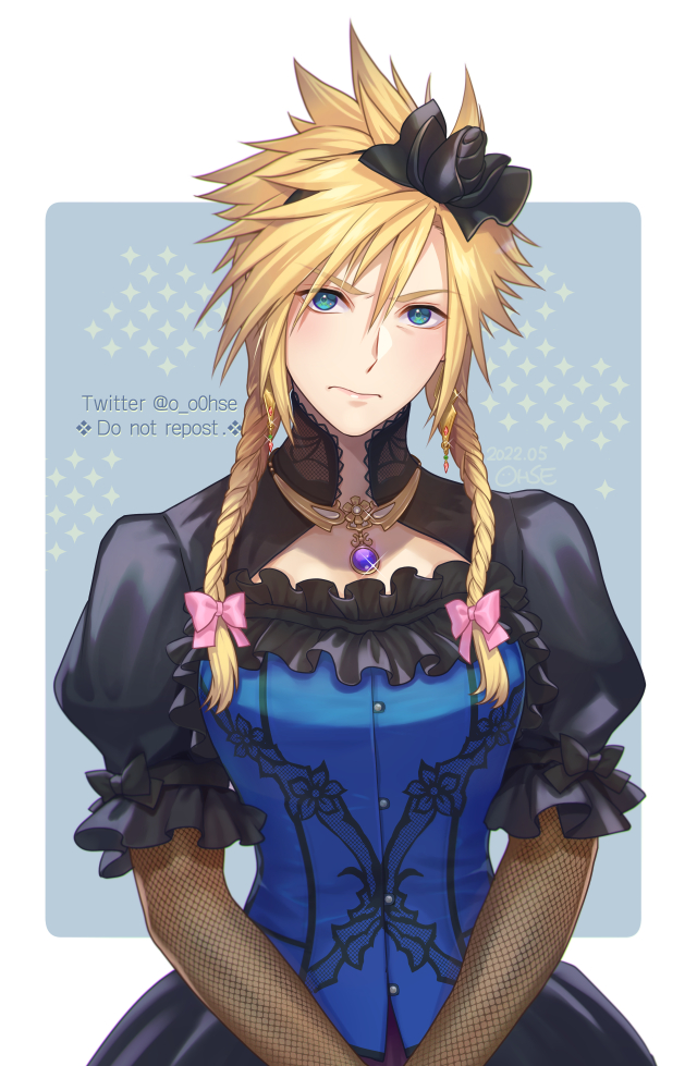 1boy blonde_hair blue_dress blue_eyes bow braid cloud_strife cloud_strife_(blue_dress) crossdressing crossdressing_(mtf) dress final_fantasy final_fantasy_vii final_fantasy_vii_remake fishnet_armwear gem hair_between_eyes hair_bow hair_ornament hairband male_focus official_alternate_costume ohse puffy_short_sleeves puffy_sleeves short_sleeves solo spiked_hair square_enix twin_braids twitter_username wall_market