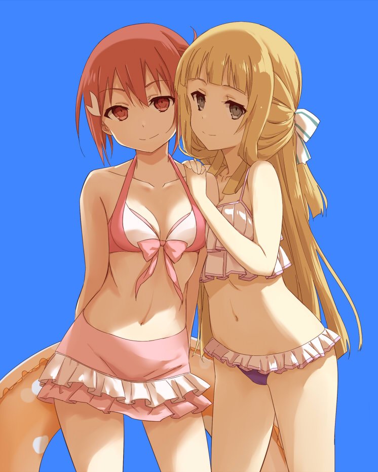 2girls bikini bikini_skirt blonde_hair blue_background breasts brown_eyes closed_mouth commentary frilled_bikini frills front-tie_bikini_top front-tie_top hair_ornament hair_ribbon half_updo hands_on_another&#039;s_shoulder holding holding_behind_back holding_swim_ring innertube long_hair looking_at_viewer multiple_girls navel nogi_sonoko pink_bikini purple_bikini red_eyes red_hair ribbon shikou_sakugo_(qqap9gt9k) short_hair side-by-side simple_background small_breasts smile standing swim_ring swimsuit yuuki_yuuna yuusha_de_aru