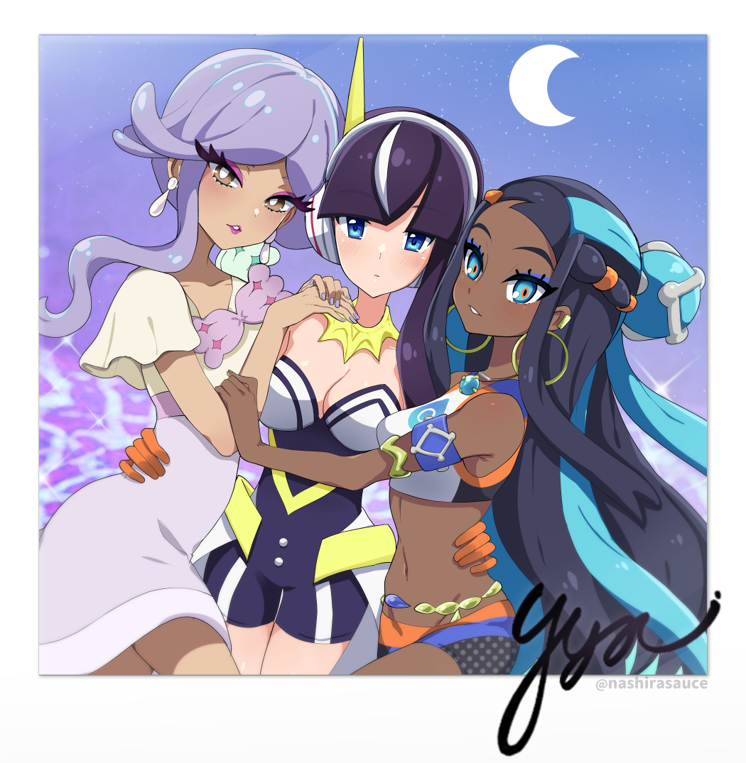 3girls aqua_eyes aqua_hair armlet belly_chain bike_shorts black_hair blue_eyes blue_eyeshadow blunt_bangs blush border breasts bright_pupils cleavage closed_mouth collar commentary_request creatures_(company) crescent_moon dark-skinned_female dark_skin earclip earrings elesa_(pokemon) elesa_(sygna_suit)_(pokemon) eyelashes eyeshadow game_freak gloves hair_bun hand_on_another&#039;s_waist hoop_earrings jewelry lipstick long_hair makeup medium_breasts moon multicolored_hair multiple_girls nashirasauce navel necklace nessa_(pokemon) nintendo official_alternate_costume orange_gloves parted_lips pokemon pokemon_masters_ex pokemon_sv pokemon_swsh short_sleeves sidelocks signature single_hair_bun smile thick_eyelashes tulip_(pokemon) two-tone_hair white_border white_pupils