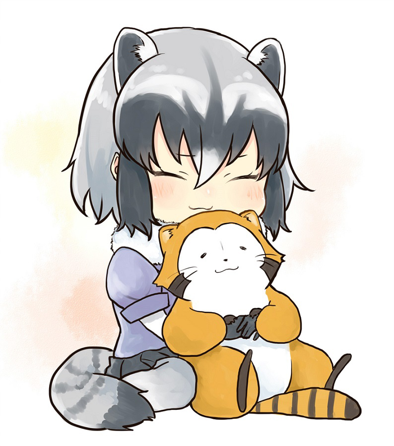 10s 1girl animal_ears araiguma_rascal black_skirt blush character_request chibi closed_eyes closed_mouth common_raccoon_(kemono_friends) crossover extra_ears facing_viewer female_focus grey_pantyhose kemono_friends pantyhose puffy_short_sleeves puffy_sleeves raccoon raccoon_ears raccoon_tail sarada_doraivu short_hair short_sleeves sitting skirt smile solo tail wariza