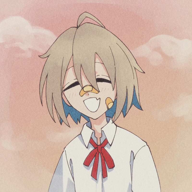 1girl ahoge bandaid bandaid_on_cheek bandaid_on_face bandaid_on_nose blue_hair brown_hair byackopath_(artist) closed_eyes cloud collared_shirt colored_inner_hair do_it_yourself!! facing_viewer fang film_grain hair_between_eyes light_blush multicolored_hair neck_ribbon open_mouth pink_sky red_ribbon ribbon shirt short_hair skin_fang sky smile solo upper_body white_shirt yua_serufu