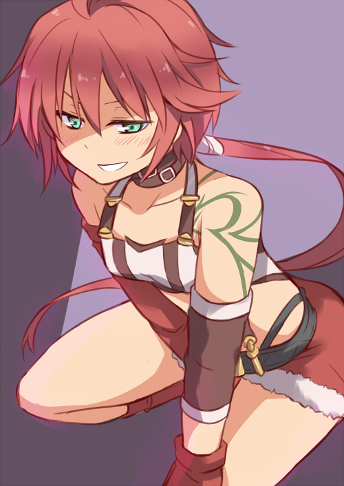 1girl ahoge altorealize ao_no_kiseki arm_tattoo blue_eyes collarbone eiyuu_densetsu elbow_gloves full_body gloves grin hair_between_eyes long_hair looking_at_viewer midriff ponytail red_hair shirley_orlando shorts smile solo tattoo