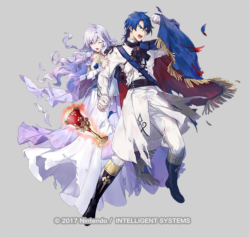 1boy 1girl azu-taro blue_eyes blue_hair boots cape chalice clenched_hand couple cup deirdre_(fire_emblem) deirdre_(masquerade)_(fire_emblem) dress fire_emblem fire_emblem:_genealogy_of_the_holy_war fire_emblem_heroes full_body gloves glowing grey_background hetero holding holding_hands husband_and_wife interlocked_fingers knee_boots long_dress long_hair long_sleeves nintendo official_art one_eye_closed open_mouth pants purple_eyes purple_hair short_hair sigurd_(fire_emblem) sigurd_(masquerade)_(fire_emblem) torn_cape torn_clothes white_dress white_gloves