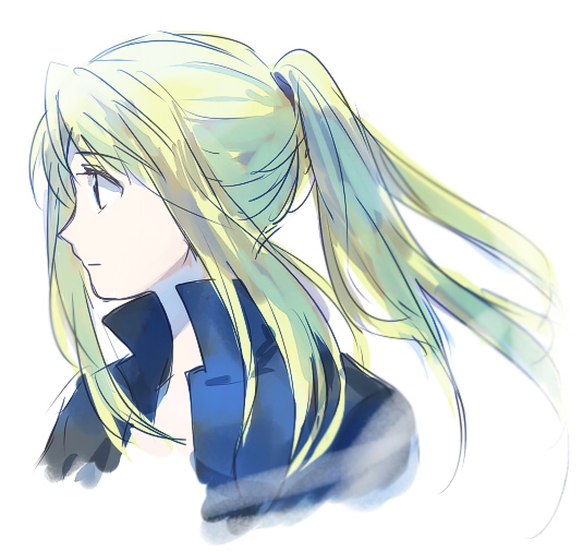 1girl blonde_hair close-up expressionless female_focus floating_hair fullmetal_alchemist jacket long_hair looking_away profile riru shirt simple_background solo upper_body white_background white_shirt winry_rockbell
