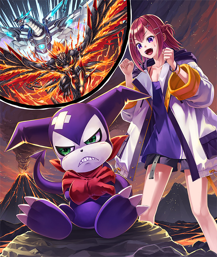 1boy 1girl bandaid black_shorts breasts breath_weapon breathing_fire camisole cleavage clenched_hand collar collarbone colored_skin demon demon_tail digimon digimon_card_game digimon_liberator dragon eruption fiery_wings fire green_eyes hood hooded_jacket impmon jacket kazuki_seihou medium_breasts metallicdramon non-humanoid_robot official_art open_mouth pink_hair purple_camisole purple_eyes purple_skin robot robot_dragon sharp_teeth shorts tail teeth volcanicdramon volcano white_jacket white_skin wings yuuki_(digimon)