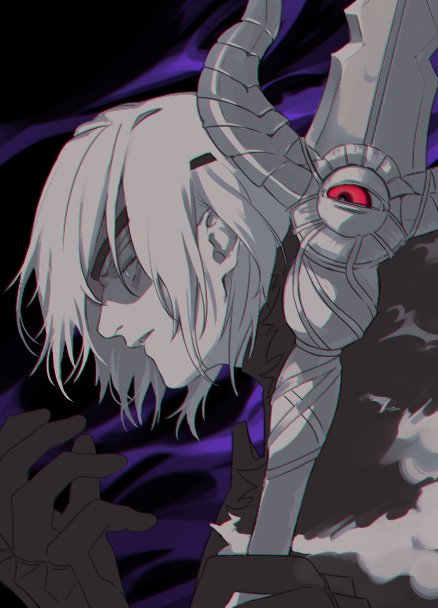 1boy arm_up armor black_armor blue_eyes commentary_request dimitri_alexandre_blaiddyd dimitri_alexandre_blaiddyd_(timeskip) emcgame eyepatch fire_emblem fire_emblem:_three_houses glowing glowing_eyes hair_behind_ear highres holding holding_polearm holding_weapon living_weapon looking_ahead male_focus medium_hair nintendo one-eyed one_eye_covered parted_lips polearm profile red_eyes solo upper_body weapon