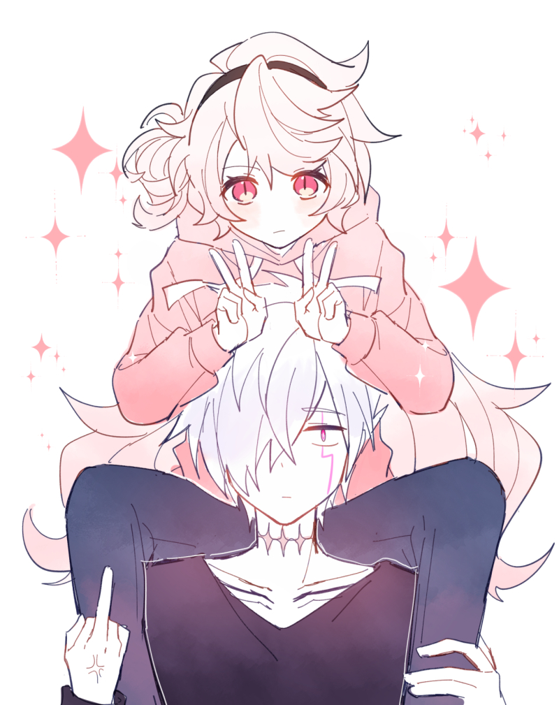 1boy 1girl add_(elsword) anger_vein black_hairband black_shirt blue_pants blush carrying commentary cross_scar double_v elsword eternity_winner_(elsword) expressionless facial_mark hair_bun hair_over_one_eye hairband hood hood_down hoodie laby_(elsword) long_sleeves looking_at_viewer middle_finger mulook pants pink_eyes pink_hoodie purple_eyes scar scar_on_neck shirt shoulder_carry side_bun sidelocks single_hair_bun single_side_bun sparkle v white_hair