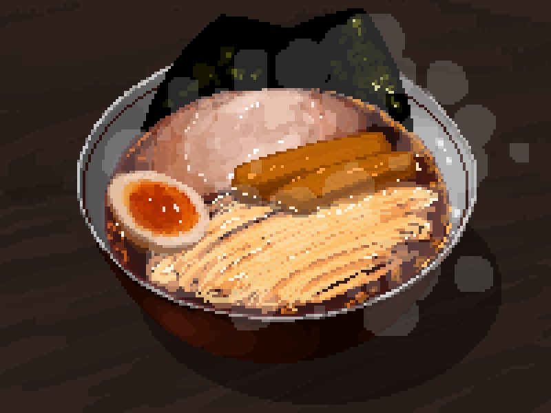 char-siu commentary food food_focus hisachan55cute no_humans noodles nori_(seaweed) on_table original pixel_art ramen sausage simple_background softboiled_egg soup steaming_food still_life table wooden_table