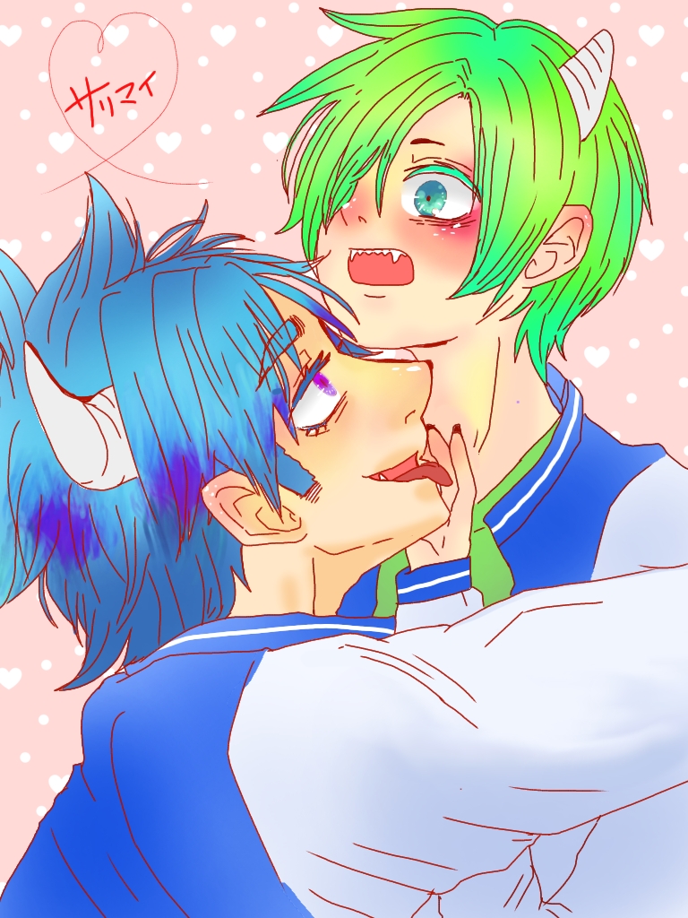 2boys animification blue_eyes blue_hair green_eyes green_hair hair_over_one_eye horns humanization james_p._sullivan male_focus mike_wazowski mikeyoshi monsters_inc. monsters_university multiple_boys open_mouth personification shirt short_hair smile teeth yaoi