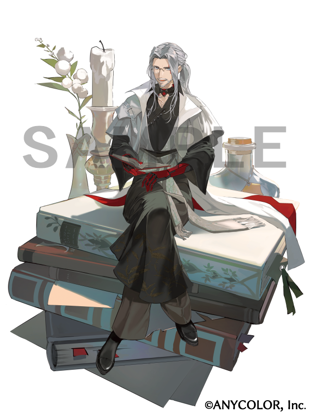 1boy :d aged_up alternate_costume beard black_choker black_footwear black_kimono book book_stack bottle brown_pants candle candlestand choker copyright_notice crossed_legs curtained_hair facial_hair facial_tattoo flower fringe_trim fulgur_ovid fulgur_ovid_(3rd_costume) full_body grey_eyes grey_hair holding holding_book jacket japanese_clothes kimono layered_sleeves long_hair long_sleeves looking_at_viewer male_focus matoba_(ga6life) mature_male mechanical_arms monocle nijisanji nijisanji_en official_art open_book open_mouth oversized_object pants parted_bangs ponytail sample_watermark sash short_over_long_sleeves short_sleeves simple_background sitting sitting_on_books smile solo tattoo vase virtual_youtuber watermark white_background white_flower white_jacket white_sash