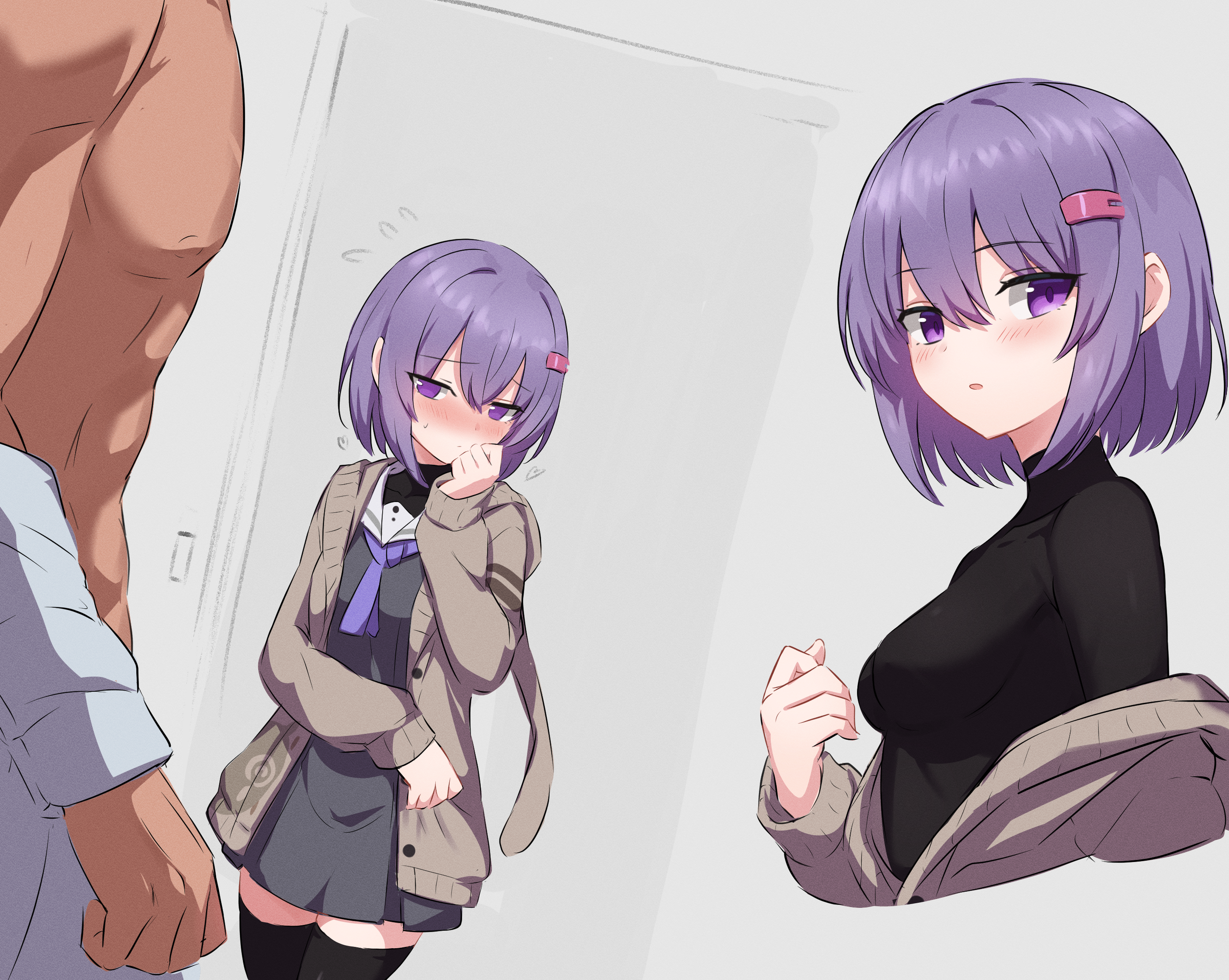 1boy 1girl a.i._voice black_shirt black_thighhighs blush breasts cardigan commentary_request dress embarrassed hetero highres looking_at_viewer parted_lips purple_eyes purple_hair ruttse sailor_dress shirt short_hair small_breasts solo_focus thighhighs undressing voiceroid yuzuki_yukari yuzuki_yukari_(shizuku) zettai_ryouiki