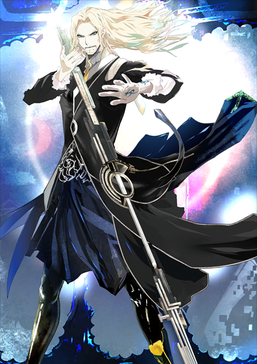 1boy black_boots black_coat blonde_facial_hair blonde_hair boots closed_mouth coat curtained_hair facial_hair fate/grand_order fate_(series) feet_out_of_frame goatee green_eyes hand_tattoo hands_up holding holding_polearm holding_weapon kazikli_bey_(fate/apocrypha) legs_apart long_hair long_sleeves looking_at_viewer maeda_hirotaka male_focus mustache official_art polearm solo standing sweater tattoo third-party_source turtleneck turtleneck_sweater variant_set vlad_iii_(fate/apocrypha) weapon white_sweater
