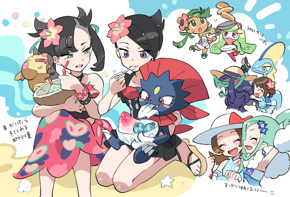 6+girls :d adapted_costume arm_up asymmetrical_bangs black_choker blue_sarong blue_shirt blush bow bowl chibi choker closed_eyes closed_mouth clothed_pokemon commentary_request drinking drinking_straw earrings eyelashes flower food frying_pan gen_4_pokemon gen_7_pokemon gen_8_pokemon gloria_(pokemon) gloria_(summer_2021)_(pokemon) green_hair green_ribbon grey_eyes grimmsnarl hair_flower hair_ornament hair_ribbon hairpin hat hat_bow holding holding_bowl holding_drinking_straw holding_frying_pan holding_spatula holding_spoon inteleon jewelry lisia_(pokemon) lyra_(pokemon) lyra_(summer_2020)_(pokemon) mallow_(pokemon) marley_(pokemon) marnie_(pokemon) marnie_(summer_2021)_(pokemon) morpeko morpeko_(full) multiple_girls nibo_(att_130) nintendo official_alternate_costume on_lap open_mouth pancake pink_flower pokemon pokemon_(creature) pokemon_dppt pokemon_masters_ex pokemon_on_lap pokemon_oras pokemon_sm ribbon sarong shirt short_hair sitting sleeveless sleeveless_shirt smile spatula spoon tongue translation_request tsareena weavile white_headwear |d