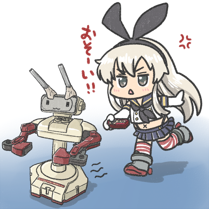1girl anchor_hair_ornament anger_vein black_hairband black_neckerchief black_panties blonde_hair blue_sailor_collar blue_skirt commentary_request controller crop_top elbow_gloves famicom famicom_gamepad family_computer_robot ferretsan7 game_console game_controller gloves gradient_background grey_eyes hair_ornament hairband highleg highleg_panties kantai_collection long_hair microskirt miniskirt neckerchief panties pleated_skirt rensouhou-chan robot running sailor_collar shimakaze_(kancolle) skirt solo striped_clothes striped_thighhighs thighhighs triangle_mouth underwear white_gloves x_navel
