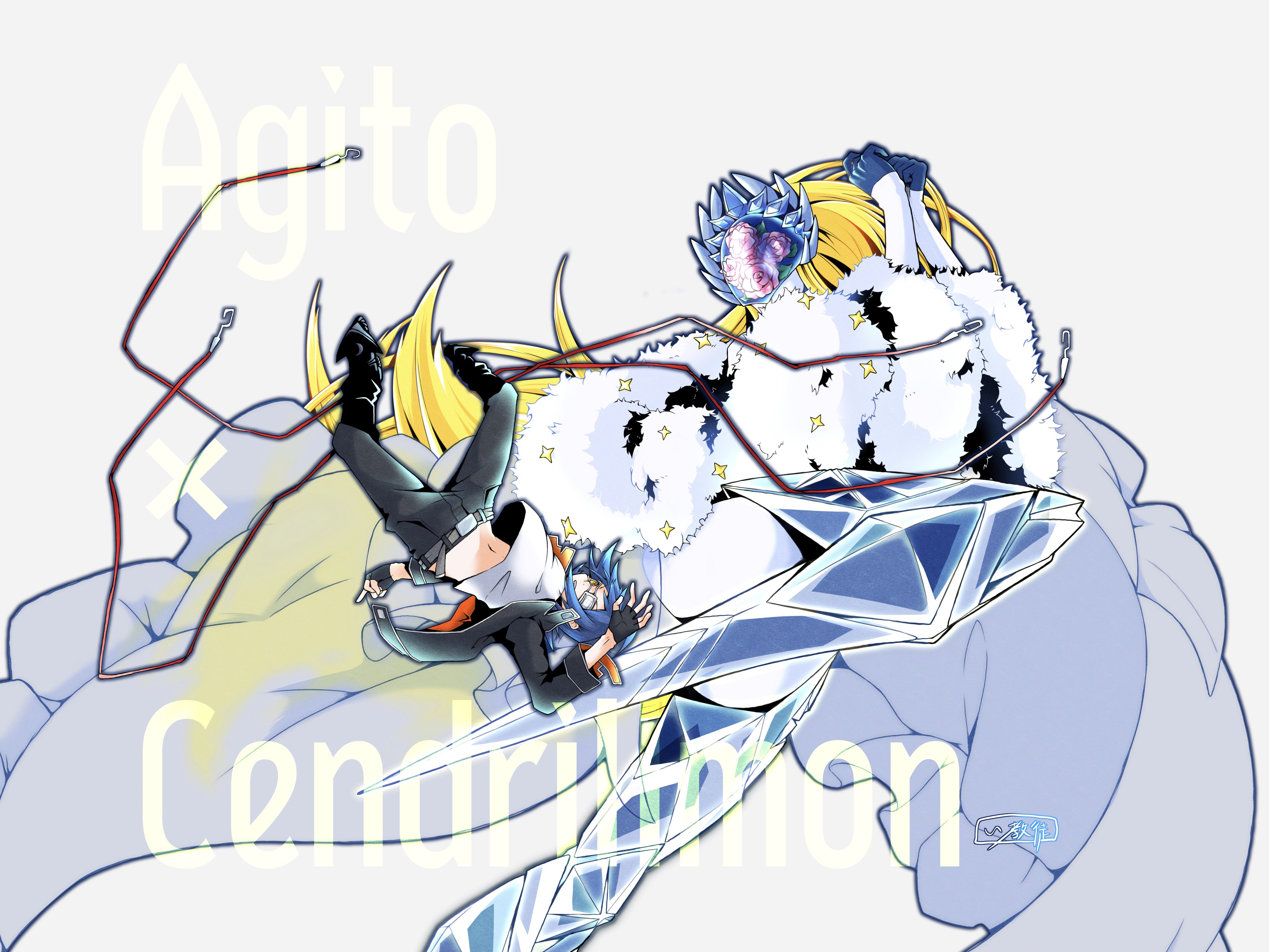 1boy 1girl absurdres armor belt blonde_hair blue_hair cendrillmon digimon highres long_hair mask