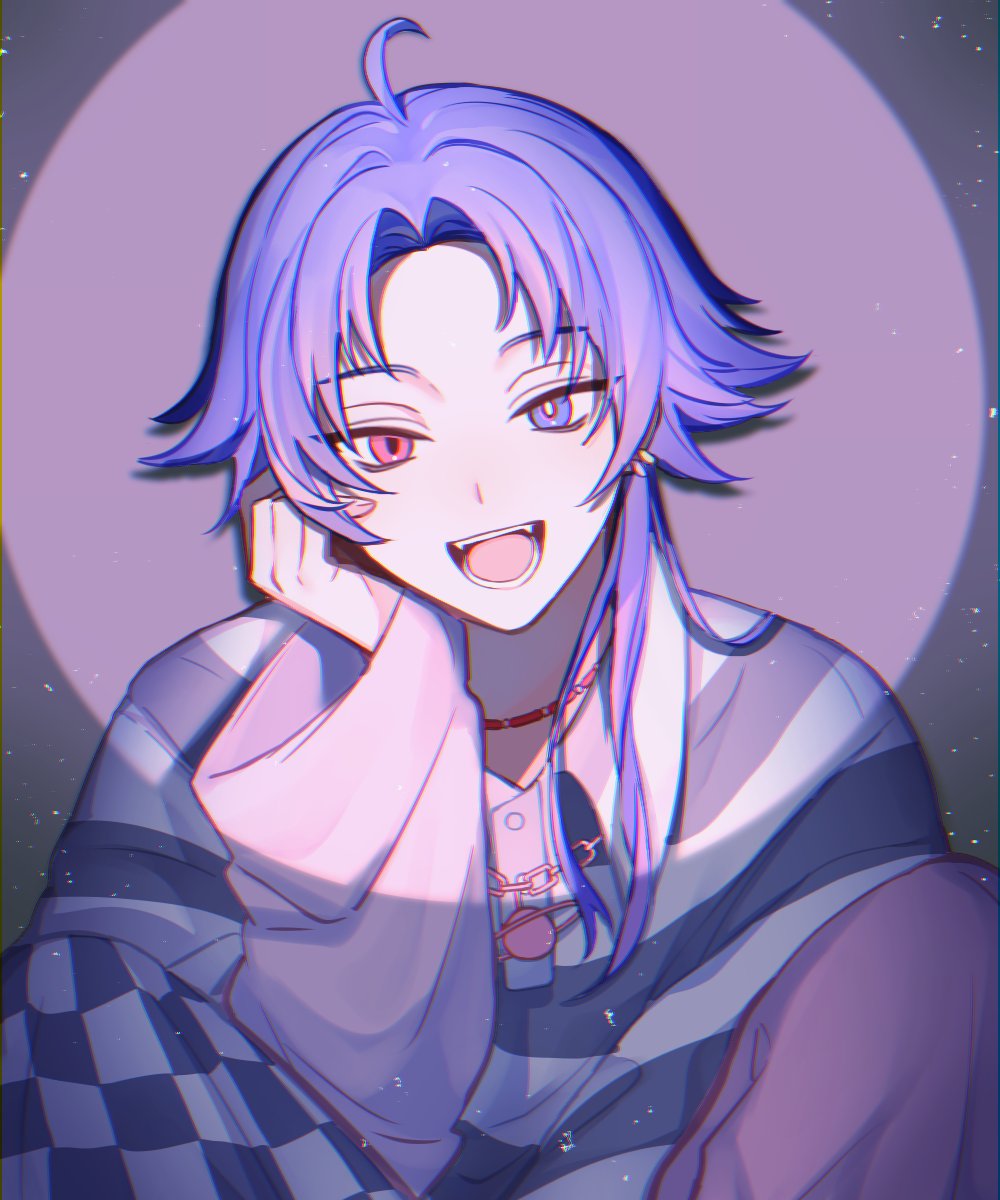 18trip 1boy ahoge asymmetrical_legwear checkered_clothes circle collared_shirt commentary ear_piercing earrings hair_intakes hand_on_own_face hashtag-only_commentary heterochromia highres jewelry knees long_sleeves looking_at_viewer male_focus multiple_earrings necklace open_mouth patterned_clothing piercing planet_necklace purple_hair purple_theme shirt short_hair_with_long_locks simple_background sitting striped_clothes striped_shirt teeth tongue upper_body wide_sleeves xia_moqin yowa_netaro