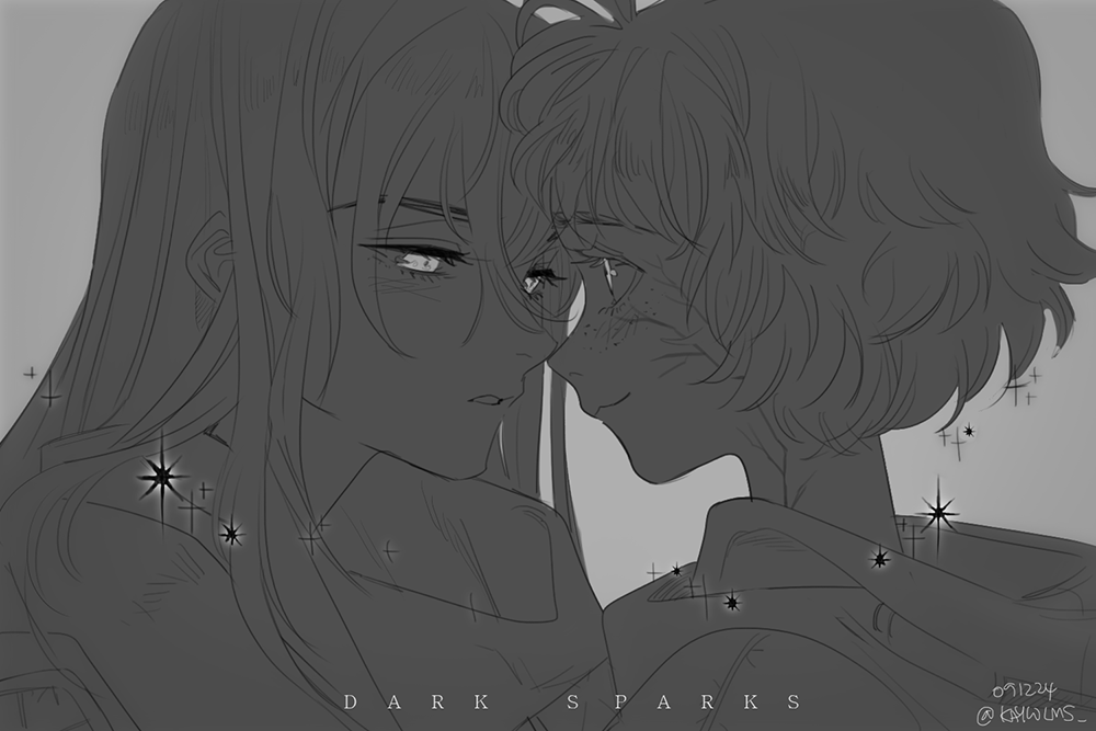 2girls animification apex_legends blush commentary dated eye_contact freckles from_side greyscale hair_behind_ear hair_between_eyes half-closed_eyes hood hood_down hoodie joong_beak long_hair looking_at_another looking_down monochrome multiple_girls parted_lips portrait scarf short_hair smile sparkle symbol-only_commentary twitter_username wattson_(apex_legends) wraith_(apex_legends) yuri