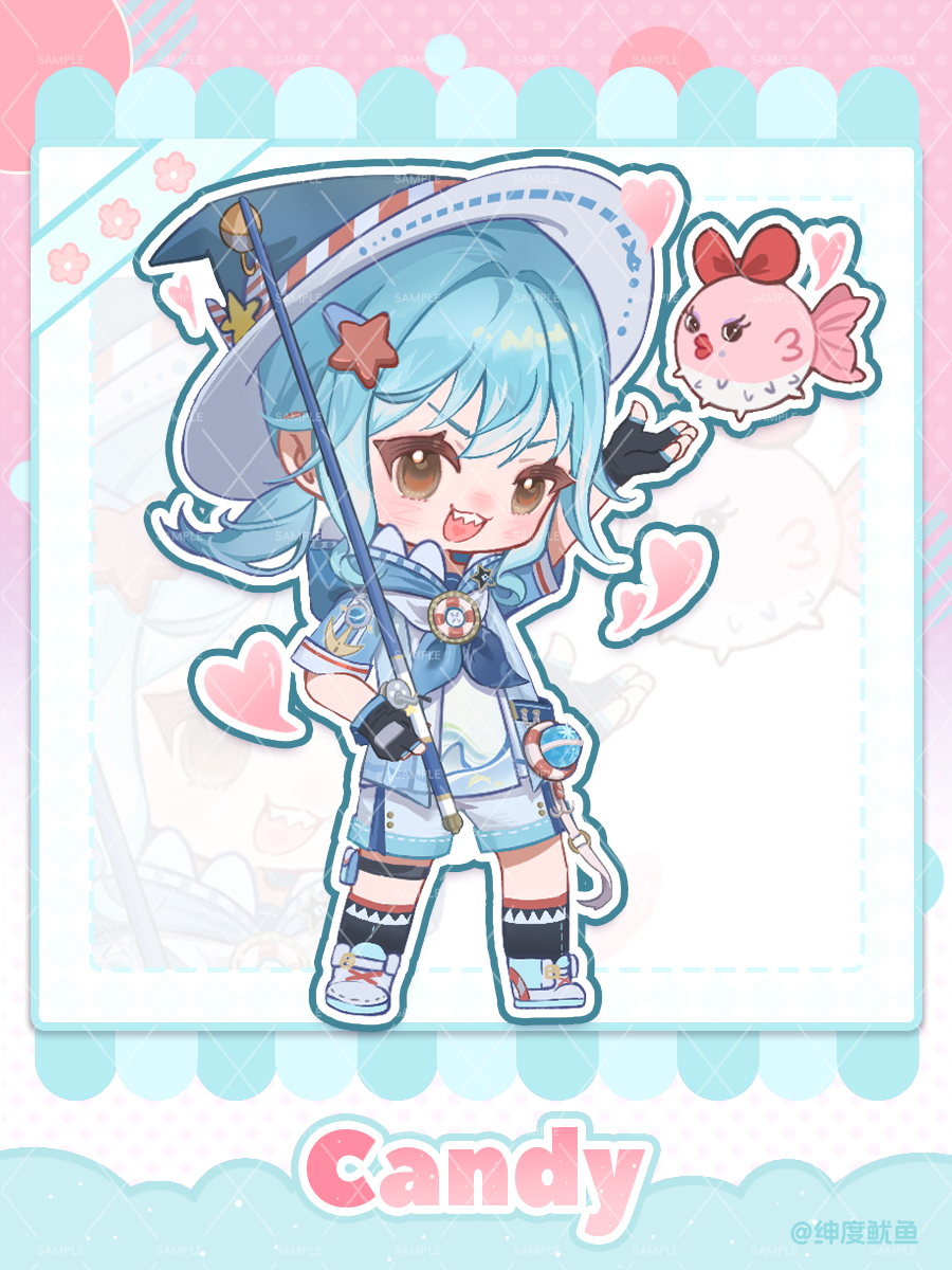 1girl arm_up artist_name belt belt_bag black_belt black_gloves black_socks blue_bag blue_hair blue_hat blue_jacket blue_neckerchief blue_outline blue_shorts bow brown_eyes buttons chibi commentary_request cross-laced_shoes eyelashes fingerless_gloves fish fish_hook fishing_rod gloves gradient_background hair_ornament hairclip hat heart highres holding holding_fishing_rod hood hood_down hooded_jacket infinity_nikki jacket kneehighs lifebuoy lipstick long_hair low_twintails makeup monroefin neckerchief nikki_(series) open_clothes open_jacket open_mouth outline pink_background polka_dot polka_dot_background puffer_fish red_bow red_lips ribbon-trimmed_shorts ribbon_trim shark_mirage_(infinity_nikki) sharp_teeth shendu_youyu shoes short-sleeved_sweater short_sleeves shorts smile sneakers socks star_(symbol) star_hair_ornament sweater swim_ring teeth thigh_belt thigh_strap twintails upper_teeth_only v-shaped_eyebrows watermark watermark_grid white_background white_shoes witch_hat zoom_layer