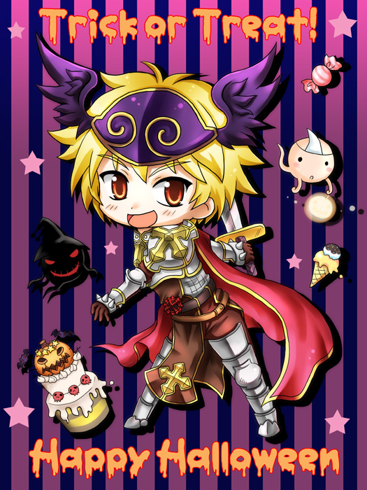 1boy :d armor armored_boots belt black_belt blonde_hair blush boots breastplate cake cape chainmail chibi chibi_only commentary_request cross cross_of_prontera feathered_wings food full_body happy_halloween head_wings holding holding_sword holding_weapon ice_cream jack-o&#039;-lantern leg_armor looking_at_viewer lord_knight_(ragnarok_online) lude_(ragnarok_online) male_focus meruya_(catcan) open_mouth orange_eyes pauldrons purple_wings quve_(ragnarok_online) ragnarok_online red_cape short_hair shoulder_armor smile solo spiked_gauntlets standing sword trick_or_treat weapon wings