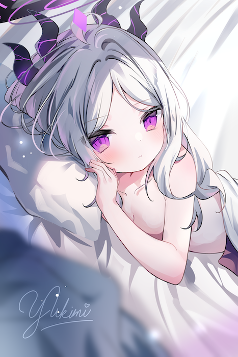 1girl ahoge black_halo blue_archive blush breasts demon_girl demon_horns demon_wings duplicate fujii_shino halo hina_(blue_archive) horns indoors long_hair looking_at_viewer low_wings nude pixel-perfect_duplicate purple_eyes small_breasts solo very_long_hair white_hair wings