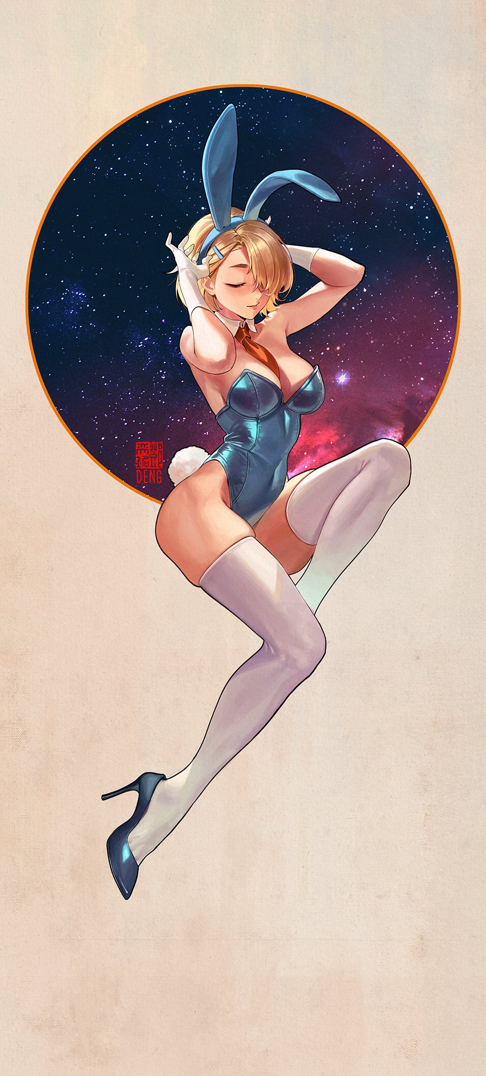 animal_ears artist_name blonde_hair blue_footwear blue_leotard borrowed_character breasts circle closed_eyes closed_mouth daniel_deng detached_collar fake_animal_ears gloves hair_ornament hairclip high_heels highres large_breasts leotard necktie original playboy_bunny rabbit_ears rabbit_tail red_necktie short_hair star_(symbol) star_symbol_background strapless strapless_leotard tail tan_background thighhighs white_gloves white_thighhighs