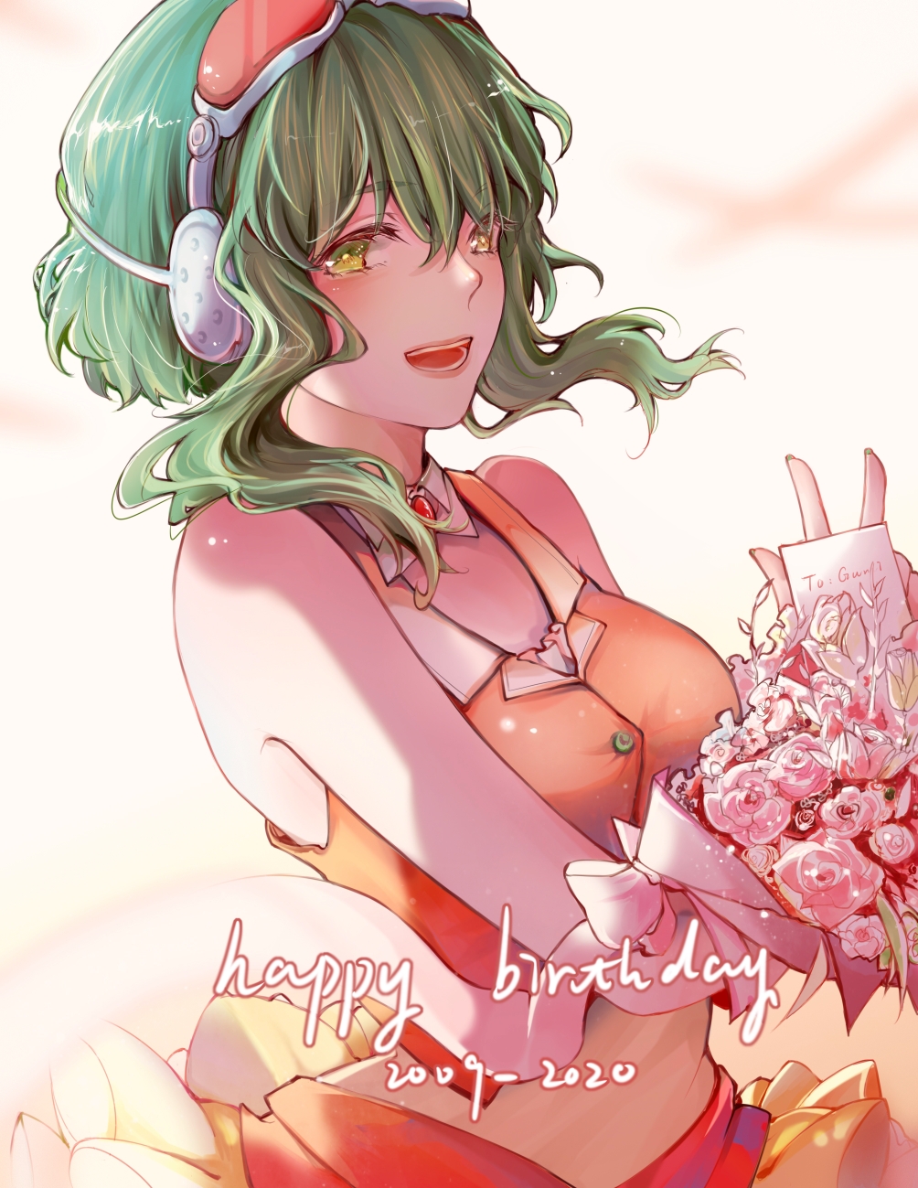 1girl birthday_card bouquet commentary crop_top female_focus flower goggles goggles_on_head green_eyes green_hair green_nails gumi happy_birthday headphones highres holding holding_bouquet lips looking_at_viewer nail_polish open_mouth orange_shirt orange_skirt pink_flower red_goggles rose shirt short_hair_with_long_locks sidelocks sideways_glance skirt smile solo stepcacc upper_body vocaloid w
