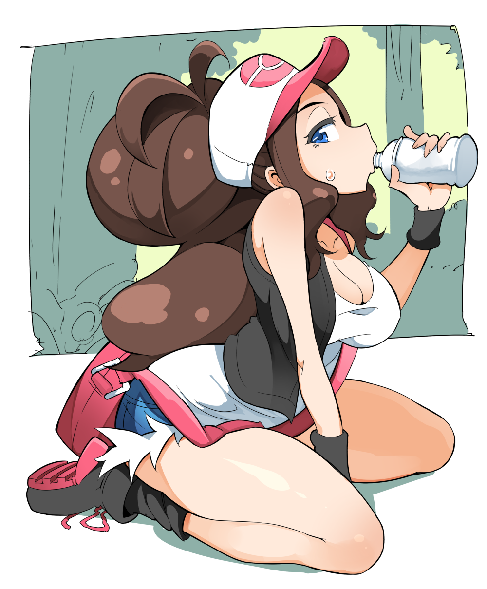 1girl bag bare_shoulders black_socks blue_eyes boots bottle breasts brown_hair cleavage drinking female_focus forest full_body highres hilda_(pokemon) large_breasts long_hair looking_at_viewer nac000 nature nintendo pokemon pokemon_bw sexually_suggestive sitting sleeveless socks solo sweat very_long_hair vest visor_cap wariza wristband