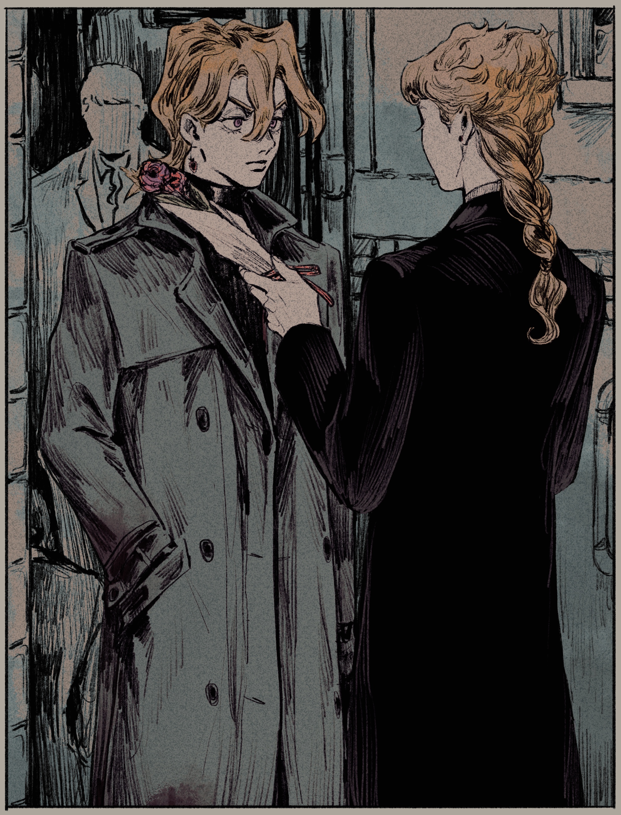 2boys absurdres back black_coat blonde_hair border bouquet braid coat collared_coat colored_eyelashes double-parted_bangs earrings film_grain flower food-themed_earrings food_themed_earrings giorno_giovanna grey_coat hair_between_eyes hand_in_pocket highres holding holding_bouquet jewelry jojo_no_kimyou_na_bouken long_coat looking_at_another male_focus multiple_boys okokoro_zaiku outdoors pannacotta_fugo standing strawberry_earrings stud_earrings turtleneck vento_aureo white_border