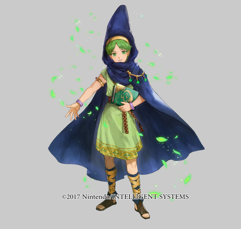 1boy belt book bracelet cape copyright_notice fire_emblem fire_emblem:_mystery_of_the_emblem fire_emblem_heroes full_body green_eyes green_hair grey_background hood jewelry leaf male_focus mayo_(becky2006) merric_(changing_winds)_(fire_emblem) merric_(fire_emblem) nintendo official_art sandals solo teeth wizard