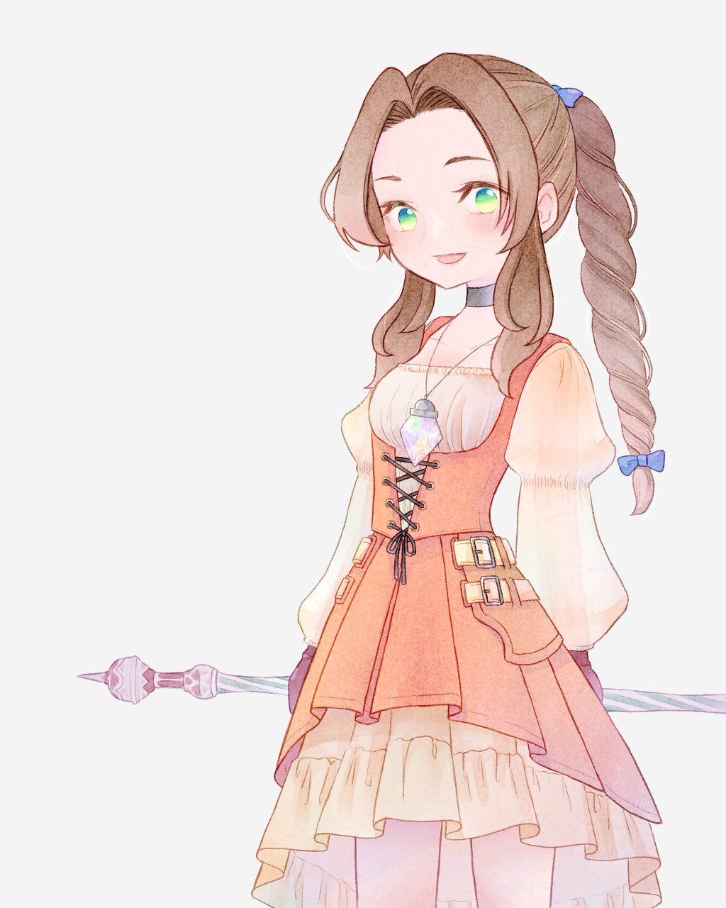 1girl aerith_gainsborough aerith_gainsborough_(garnet&#039;s_gown) black_choker blue_bow bluelimbo8888 bow braid braided_ponytail breasts brown_gloves brown_hair choker cosplay crystal dress final_fantasy final_fantasy_ix final_fantasy_vii final_fantasy_vii_ever_crisis frilled_dress frills garnet_til_alexandros_xvii garnet_til_alexandros_xvii_(cosplay) gloves green_eyes hair_bow high-low_dress high-low_skirt highres holding holding_staff jewelry juliet_sleeves light_blush long_hair long_sleeves looking_at_viewer medium_breasts official_alternate_costume open_mouth orange_dress parted_bangs pendant puffy_long_sleeves puffy_sleeves shirt sidelocks single_braid smile solo staff underbust upper_body white_shirt