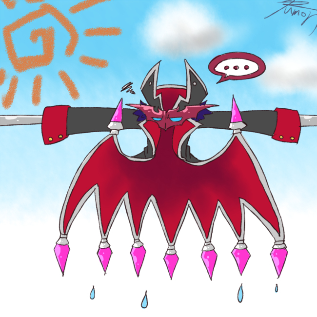 annoyed cape cloud digimon digimon_(creature) mask sky solo sun vamdemon vamdemon_x-antibody wet