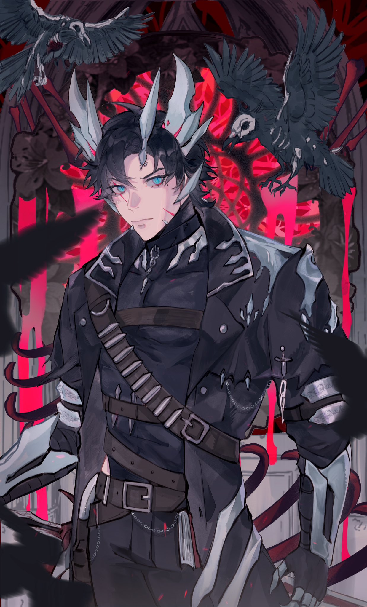 1boy adapted_costume animal_skeleton armored_gloves bandolier belt bird black_coat black_jacket black_pants black_shirt blue_eyes blue_horns bone bone_armor bullet coat crow dragon_boy dragon_horns fire flame_print goth_fashion highres horns horror_(theme) jacket kamen_rider kamen_rider_saber kamen_rider_saber_(series) kamen_rider_saber_primitive_dragon_brave_dragon kamiyama_touma long_coat long_jacket meowq pants red_sky scar scar_across_eye scar_on_face sharp_teeth shirt sky standing teeth torn_clothes torn_pants window