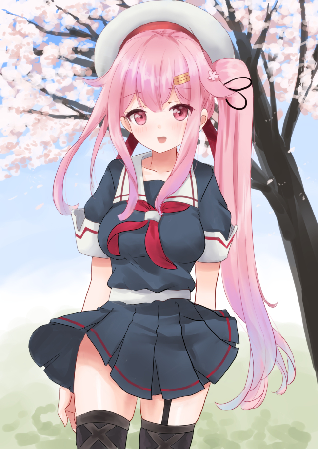 1girl beret black_serafuku black_shirt black_skirt cherry_blossoms commentary_request cowboy_shot garter_straps hair_flaps harusame_(kancolle) harusame_kai_ni_(kancolle) hat kantai_collection kitagawa_mikio neckerchief pink_hair pleated_skirt red_eyes red_neckerchief sailor_collar sailor_shirt school_uniform serafuku shirt side_ponytail single_garter_strap skirt solo tree white_hat white_sailor_collar