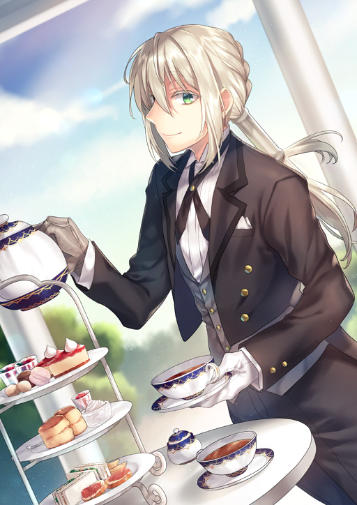 1boy airgetlam_(fate) androgynous bedivere_(fate) bedivere_(silver_butler)_(fate) bishounen black_cross_tie black_jacket black_pants blue_sky braid butler buttons closed_mouth cloud colored_eyelashes cowboy_shot cross_tie cup dress_pants dress_shirt dutch_angle fate/grand_order fate_(series) food food_request gloves green_eyes grey_hair grey_vest hair_between_eyes hair_tubes hands_up holding holding_cup holding_saucer holding_teapot jacket lapels long_sleeves looking_at_viewer low_twintails macaron male_focus notched_lapels official_art open_clothes open_jacket outdoors pants prosthesis prosthetic_arm saucer shirt sidelocks single_glove sky smile solo standing sweets table tailcoat tea_set teacup teapot tenkuu_sphere third-party_source tiered_tray twintails vest waistcoat white_gloves white_shirt wingtip_collar