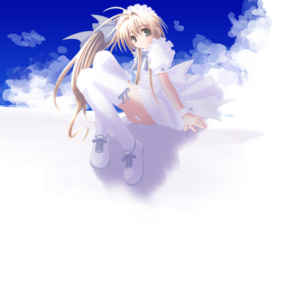 1girl aikawa_touma arm_support blonde_hair blue_background blush brown_hair dress exif_thumbnail_surprise female_focus hair_between_eyes hair_ribbon head_tilt legs light_smile long_hair looking_at_viewer original panties pantyshot puffy_sleeves ribbon shoes short_sleeves side_ponytail sitting sneakers solo striped_clothes striped_panties thighhighs two-tone_background underwear white_background white_panties white_theme white_thighhighs wrist_cuffs