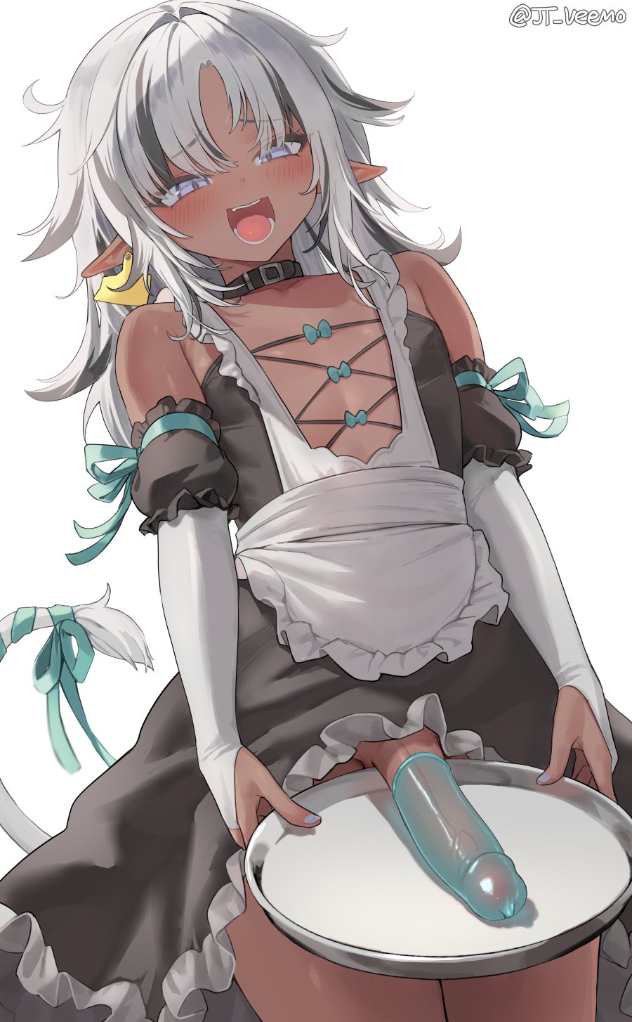 1boy apron aqua_bow aqua_ribbon armpit_crease artist_name bare_shoulders black_dress black_hair blush bow bridal_gauntlets collarbone condom condom_on_penis cowboy_shot crossdressing dark-skinned_male dark_skin detached_sleeves dress elbow_gloves erection eyelashes frilled_dress frills gloves grey_hair highres holding holding_tray jtveemo large_penis lion_tail long_hair looking_at_viewer maid_apron male_focus multicolored_hair no_panties open_mouth original parted_bangs penis pointy_ears puffy_short_sleeves puffy_sleeves purple_eyes ribbon short_sleeves sidelocks simple_background solo streaked_hair tail thighs trap tray twitter_username uncensored veins veiny_penis white_apron white_background white_gloves