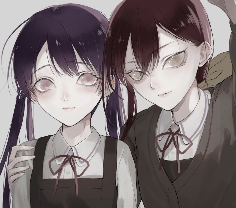 2girls aikawa_ryo_(love_live!) blush bow brown_cardigan cardigan center-flap_bangs closed_mouth collared_shirt commentary_request double-parted_bangs dress grey_background hair_behind_ear hair_bow hand_on_another&#039;s_shoulder heads_together koyoru-f light_smile long_hair long_sleeves looking_at_viewer love_live! love_live!_school_idol_festival multiple_girls muted_color neck_ribbon pinafore_dress ponytail purple_hair red_hair ribbon school_uniform shirase_koyuki shirt side-by-side simple_background sleeveless sleeveless_dress twintails upper_body white_shirt
