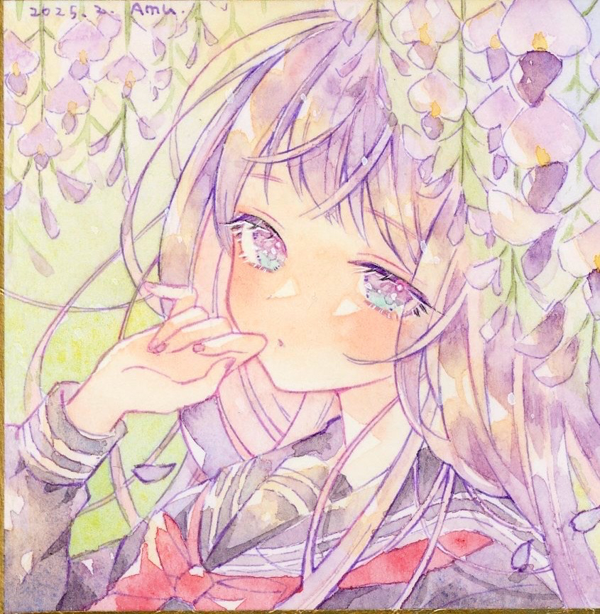 1girl amu_(m_aa) black_shirt blue_eyes bow bowtie commentary_request dated flower han_juri long_hair long_sleeves original painting_(medium) portrait purple_flower purple_hair purple_nails red_bow red_bowtie sailor_collar sailor_shirt shikishi shirt signature solo traditional_media watercolor_(medium) wisteria
